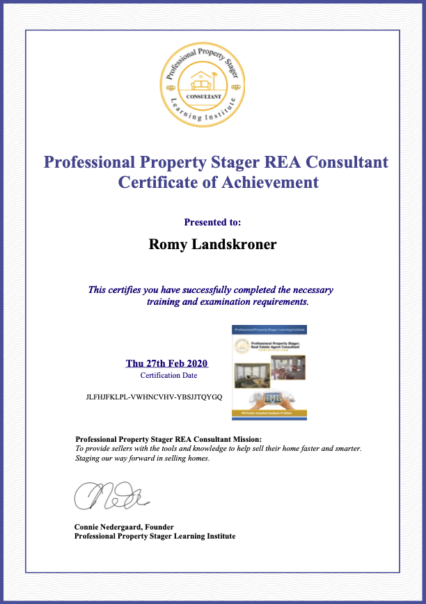 Professional Property Stager REA Consultant Certificate of Achievement